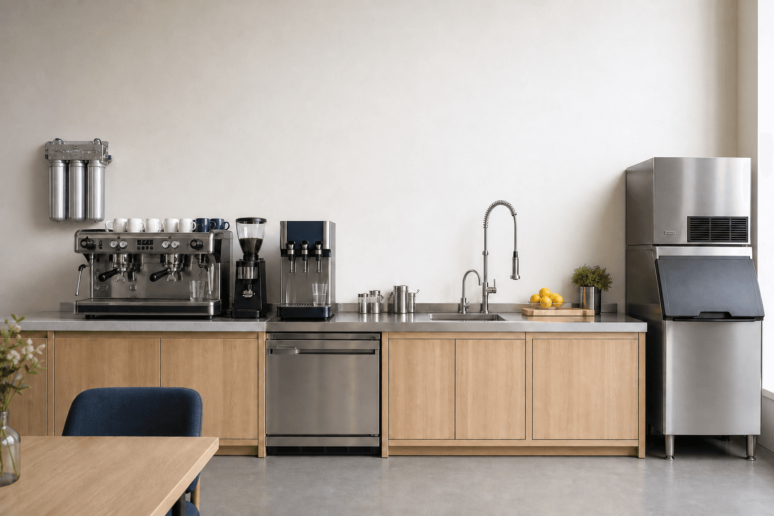 Food-service water and ice installation showing coffee, beverage, sink, and ice equipment