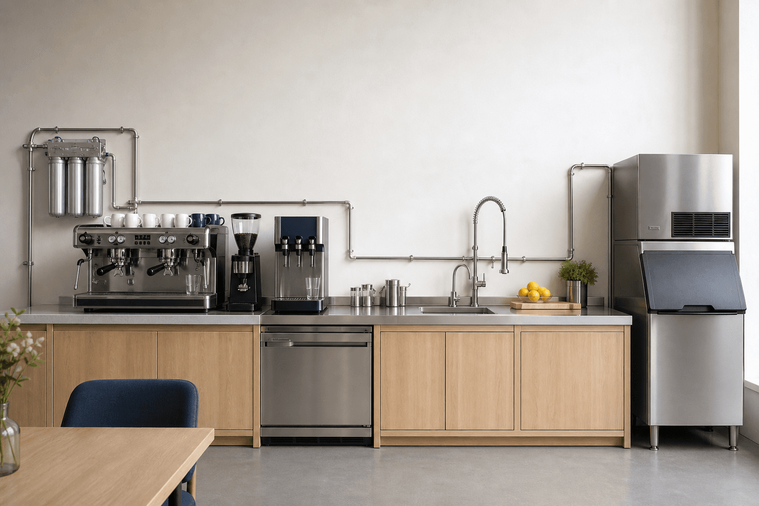 Food-service counter with coffee, beverage, sink, water-treatment, and ice-machine equipment