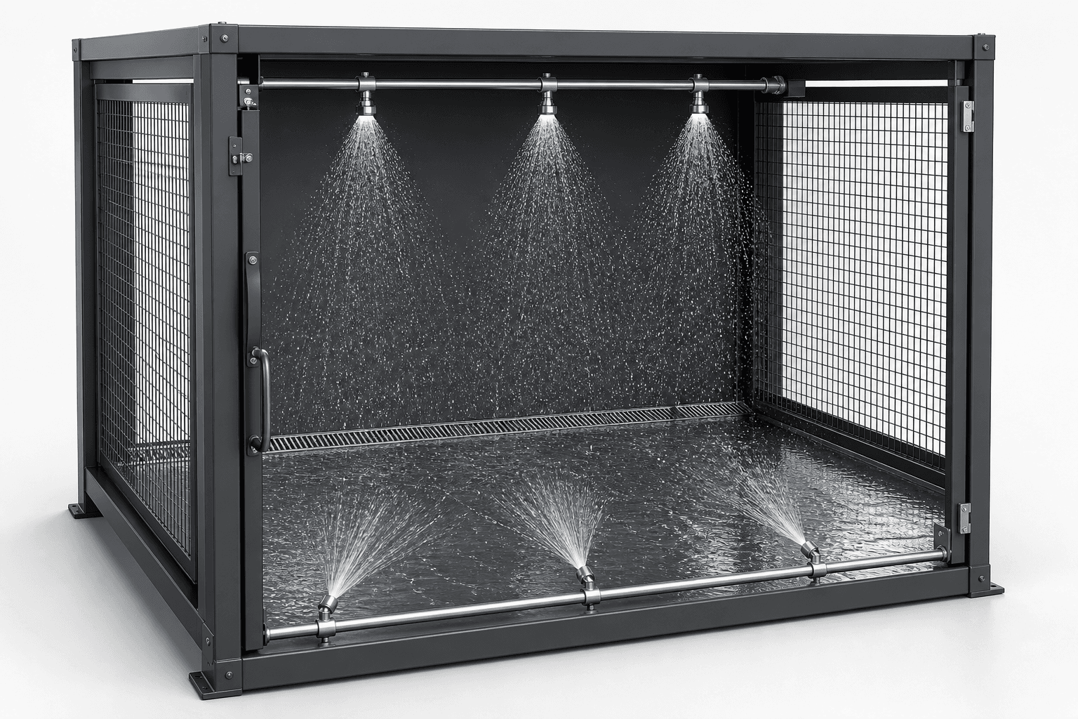 Empty commercial kennel with under-roof aqueous ozone spray, inward floor-wash nozzles and an internal linear drain