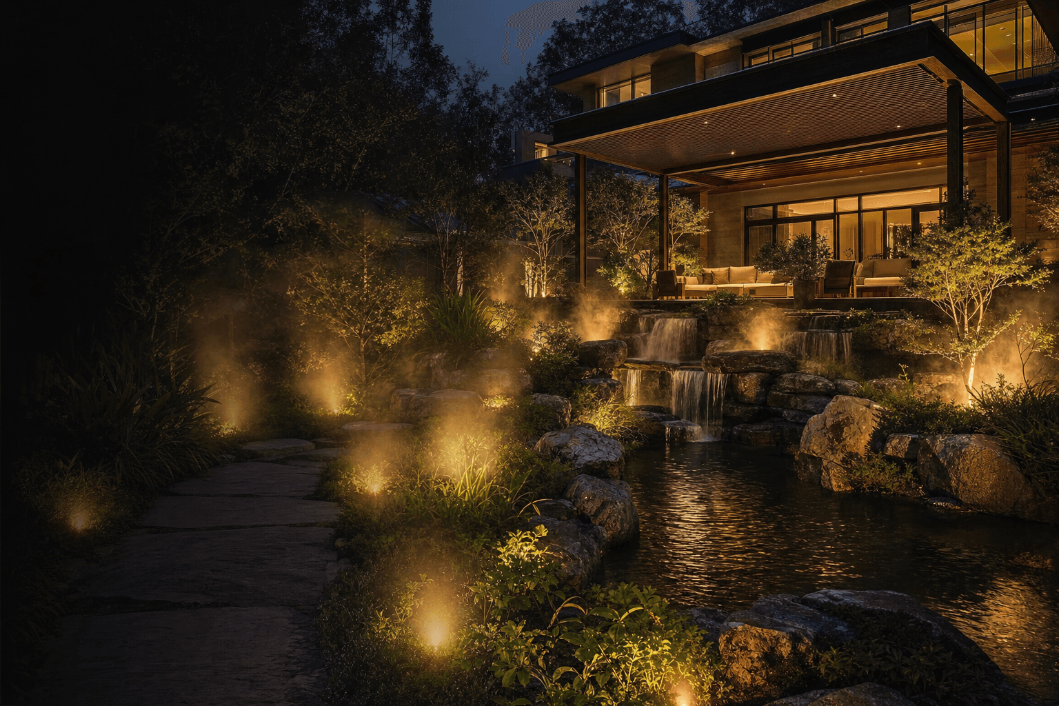 Illuminated luxury villa garden with waterfall, pond and rising ground mist