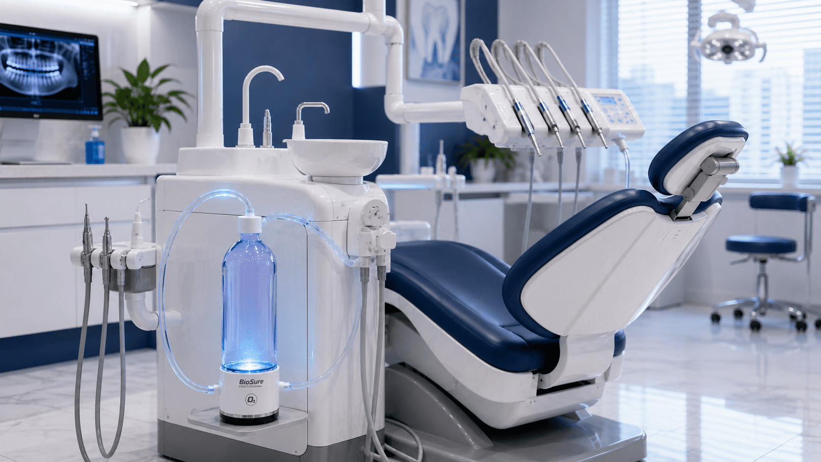 Bright modern Dental operatory with an ODB bottle installed beside the Dental Unit and visible blue water tubing