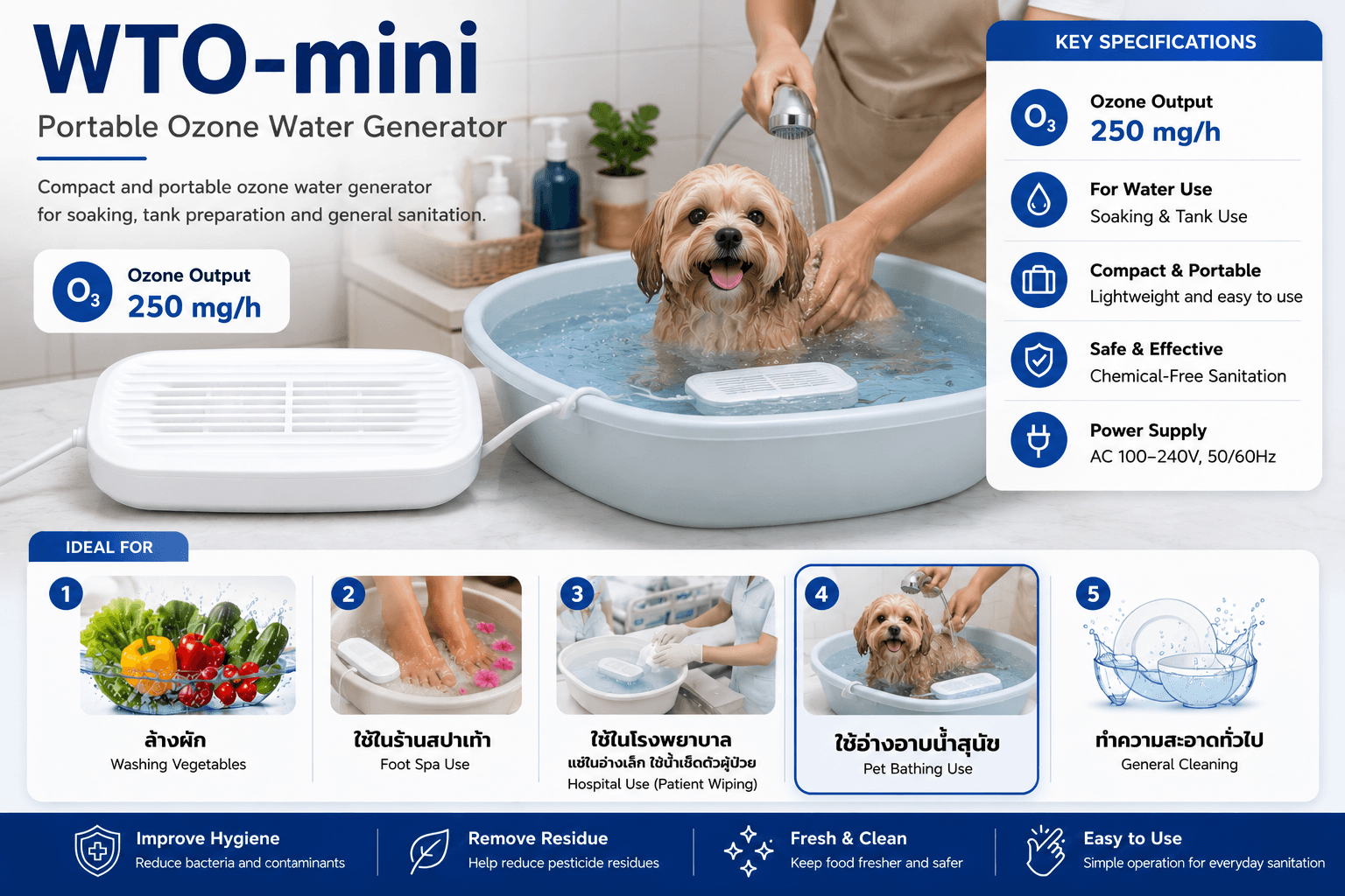 Dog being washed with a visible handheld shower spray