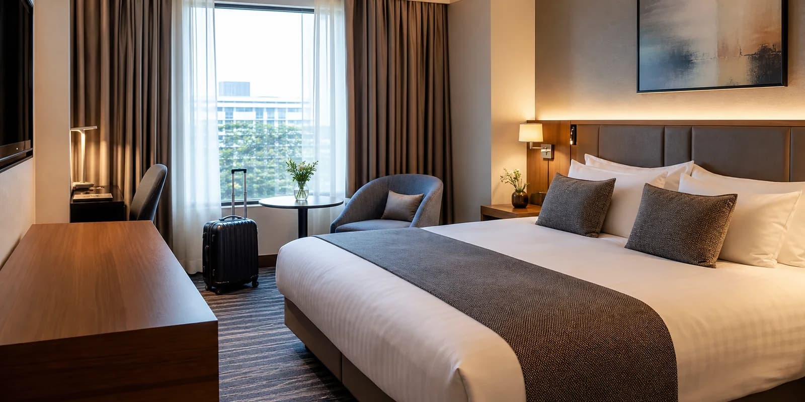 Premium hotel guest room with bed, bedside furniture and travel luggage