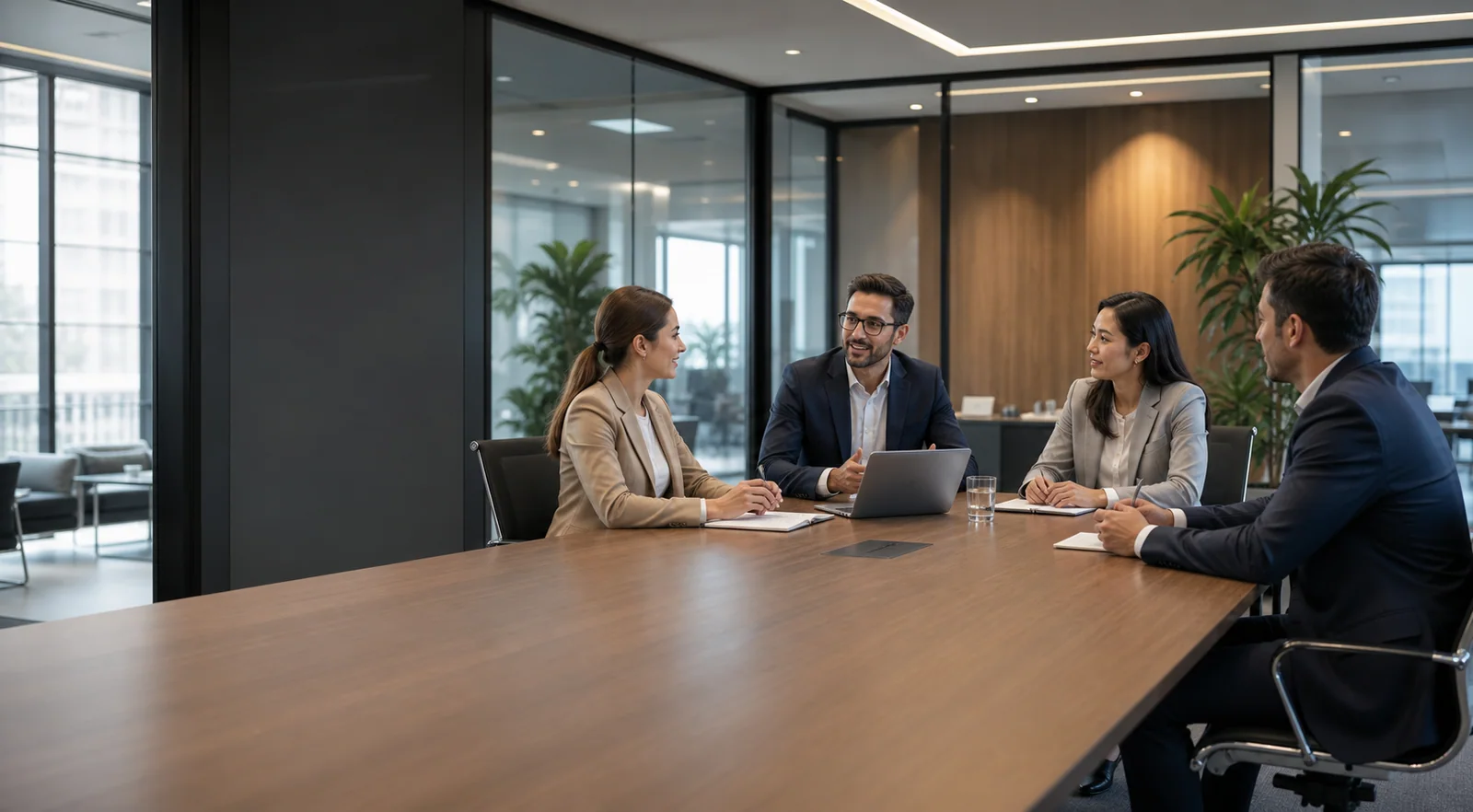 Four business participants meeting around a table in a modern office