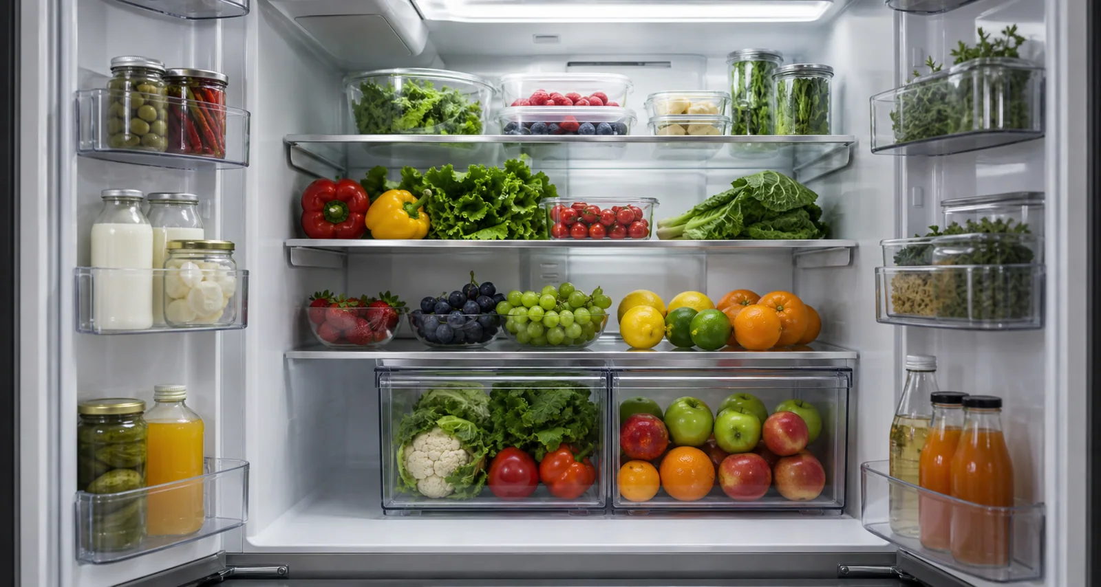 Organized refrigerator containing vegetables, fruit and fresh food