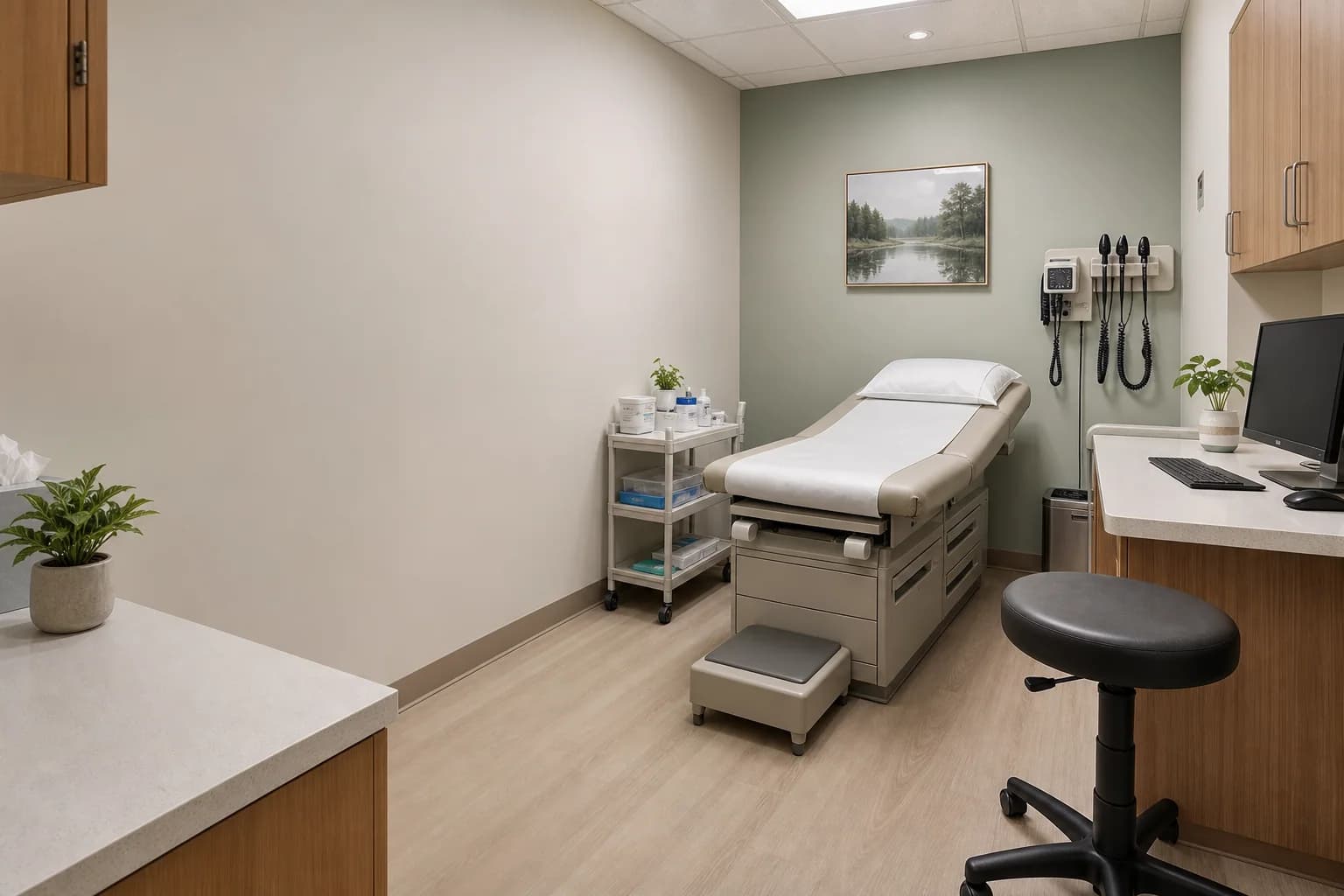 Compact medical examination room with an examination bed and clinical trolley