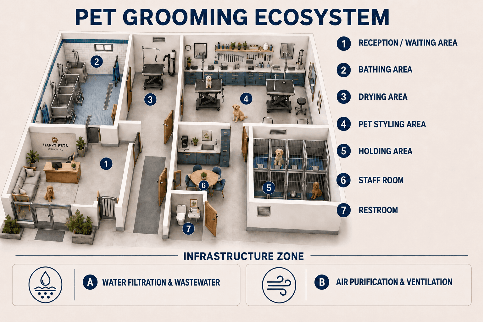 BES Pet Grooming Engineering Ecosystem with grooming and infrastructure zones