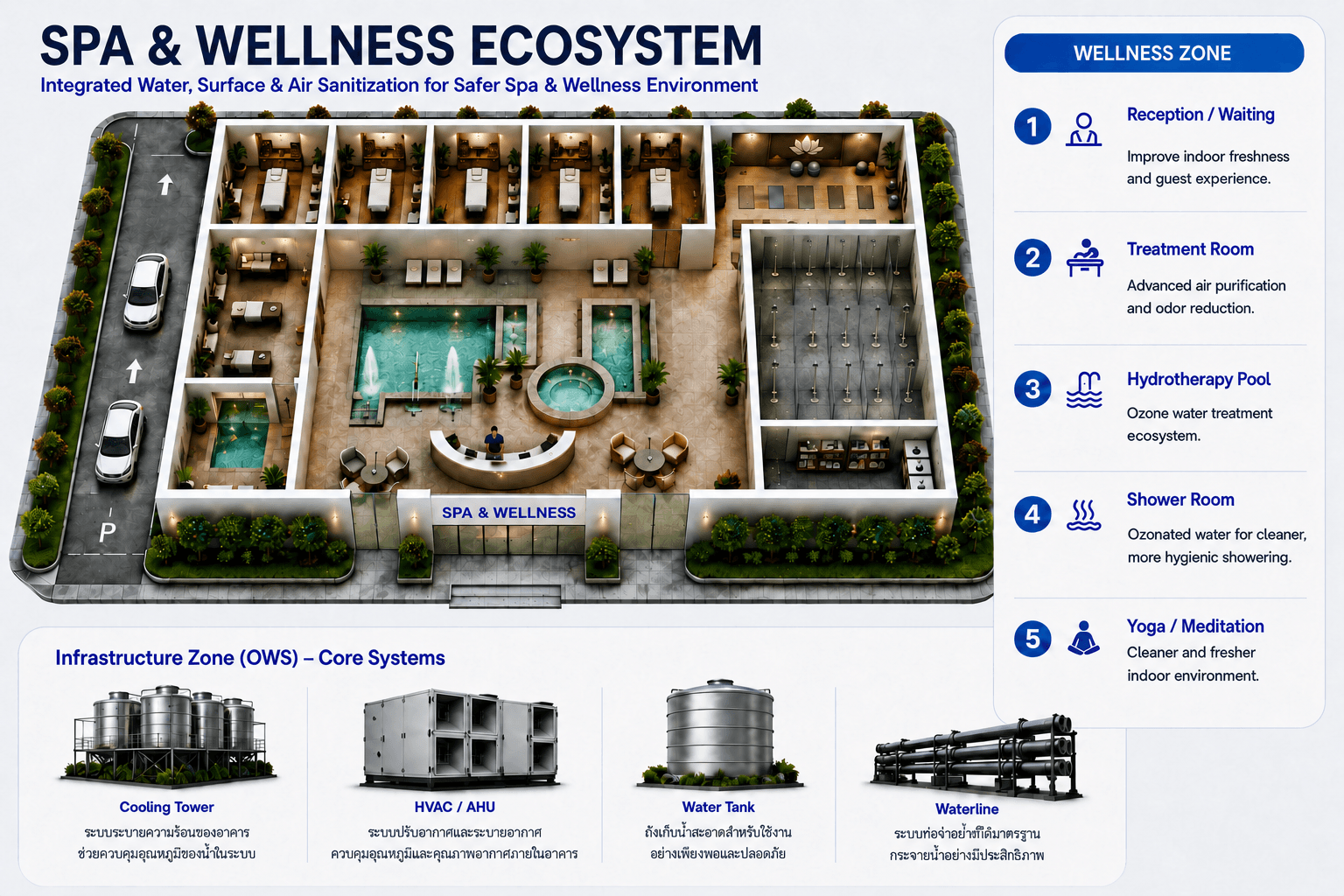 BES Spa and Wellness Engineering Ecosystem with wellness and infrastructure zones
