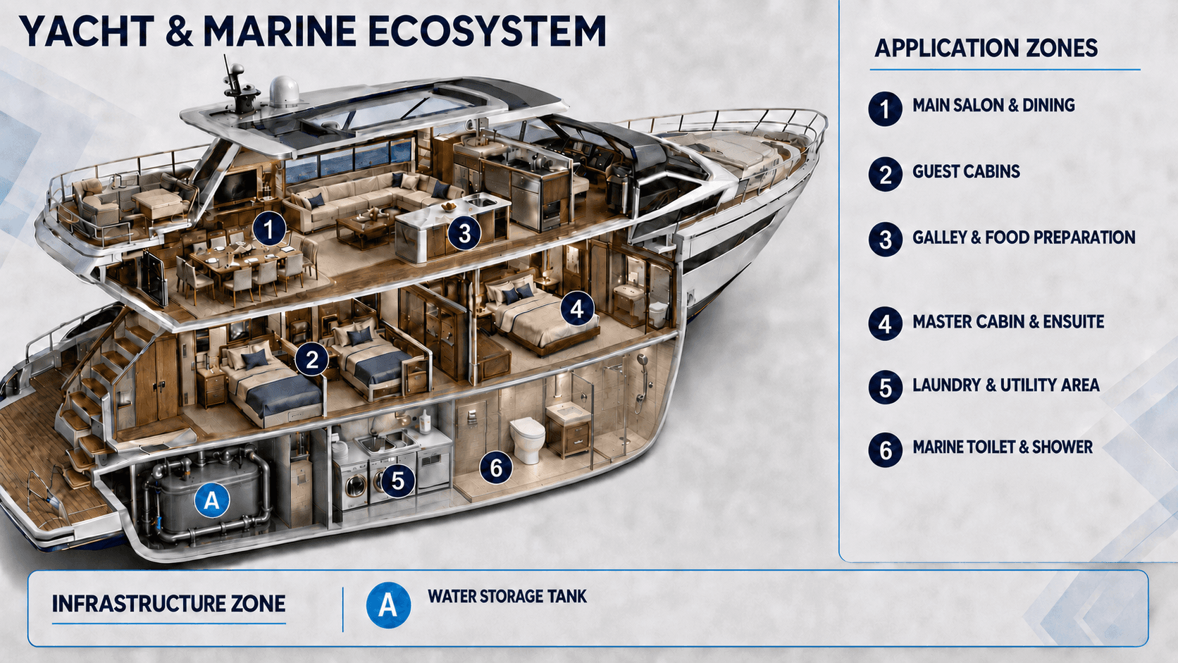 BES Yacht and Marine Engineering Ecosystem with onboard and infrastructure zones